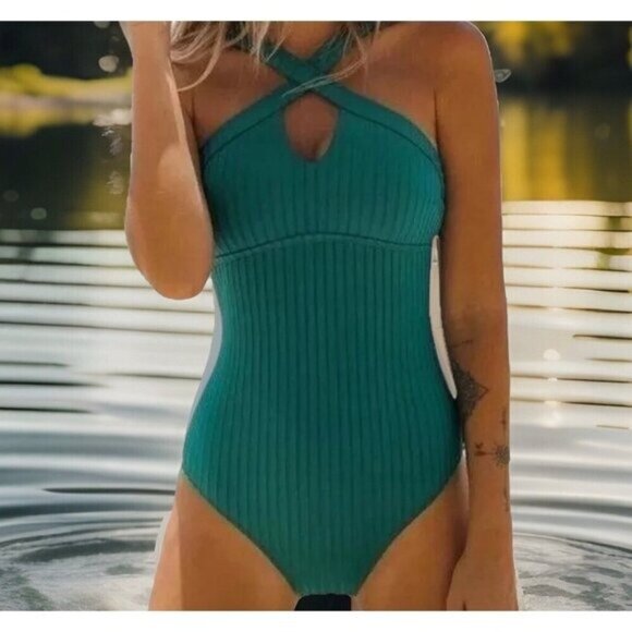 CUPSHE Women One Piece Swimsuit Large Green Ribbed Front Keyhole High Neck Cheek - Picture 1 of 8